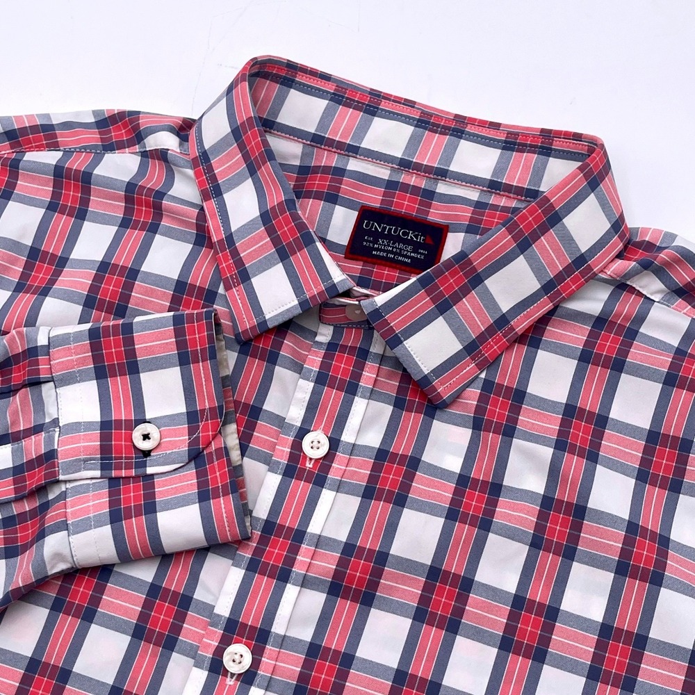 UNTUCKit Mens XXL Plaid Performance Stretch Button Down Shirt Red Navy White